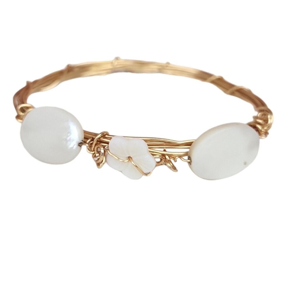 18k Gold Natural White Mother of Pearl Oval Wire Wrapped Bracelet